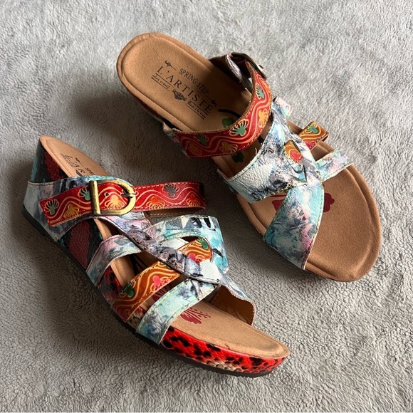 Spring Step Shoes - Spring Step L'artiste Baocire Artsy Strappy Wedge Slide Leather Sandals Camel